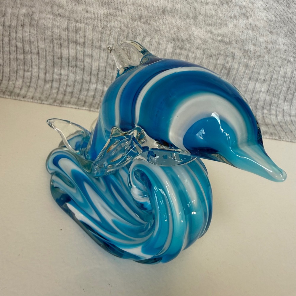 VTG Beachcombers Blue White Swirl Art Glass Dolphin on Wave Figurine Sculpture - Picture 3 of 7
